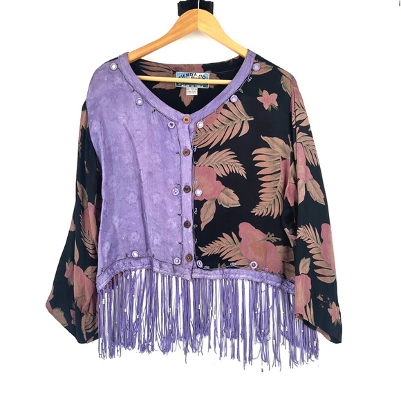 Tienda Ho Tops - VTG Tienda Ho Fringe Floral Blouse Bohemian Art To Wear Mirror Folk Festival OS